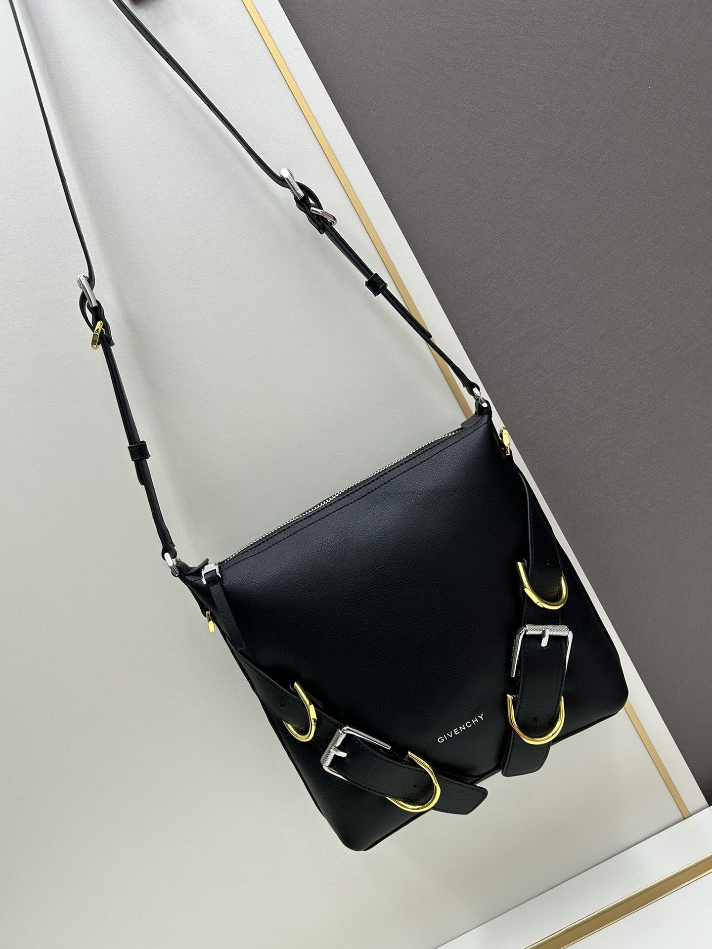 Givenchy Black Grained Leather Voyou Buckle Strap Crossbody Messenger Bag