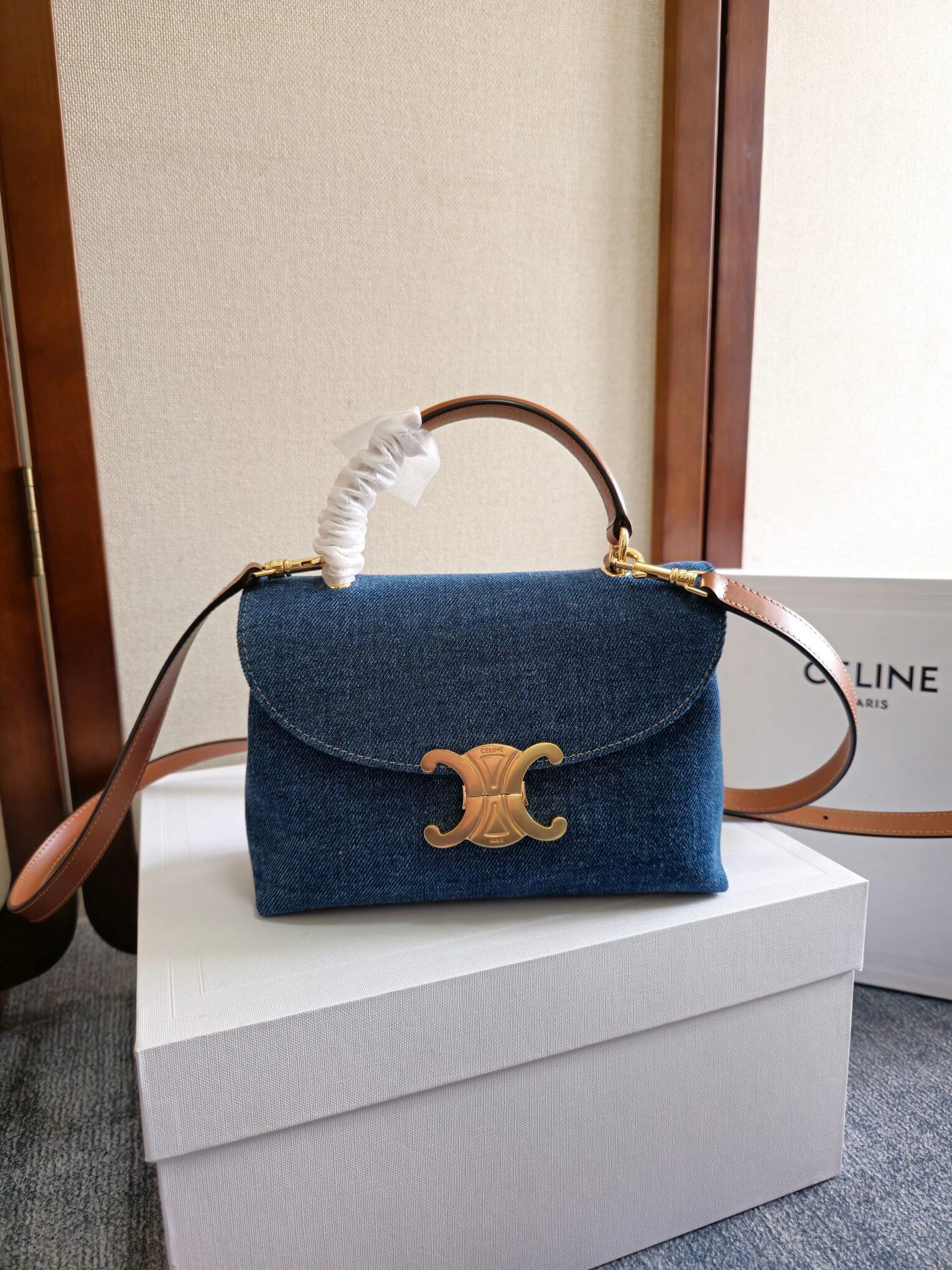 Celine Dark Denim Triomphe Flap Hand & Crossbody Bag