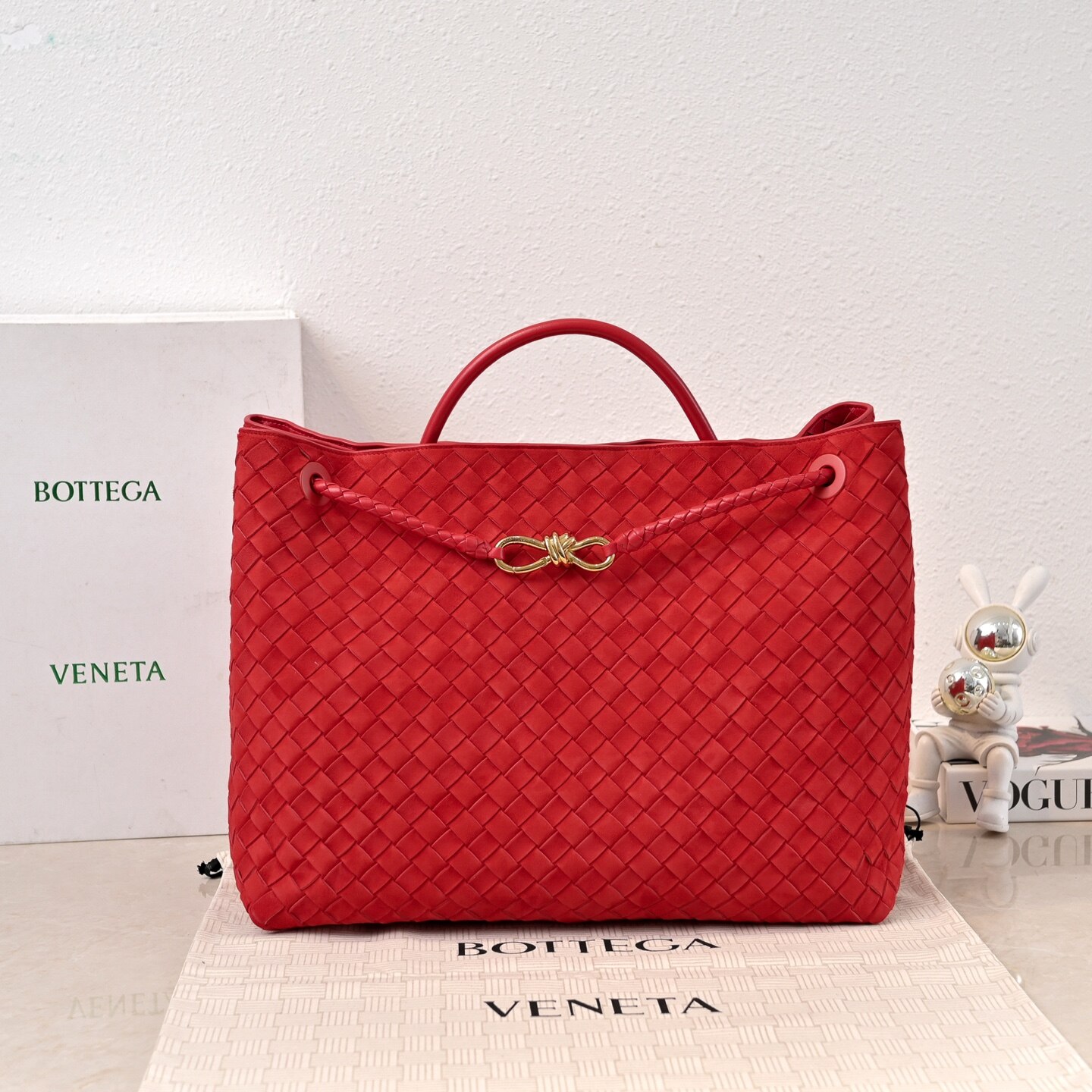 Bottega Veneta Bright Red Intrecciato Woven Knot Gold Buckle Large Hand Tote Bag