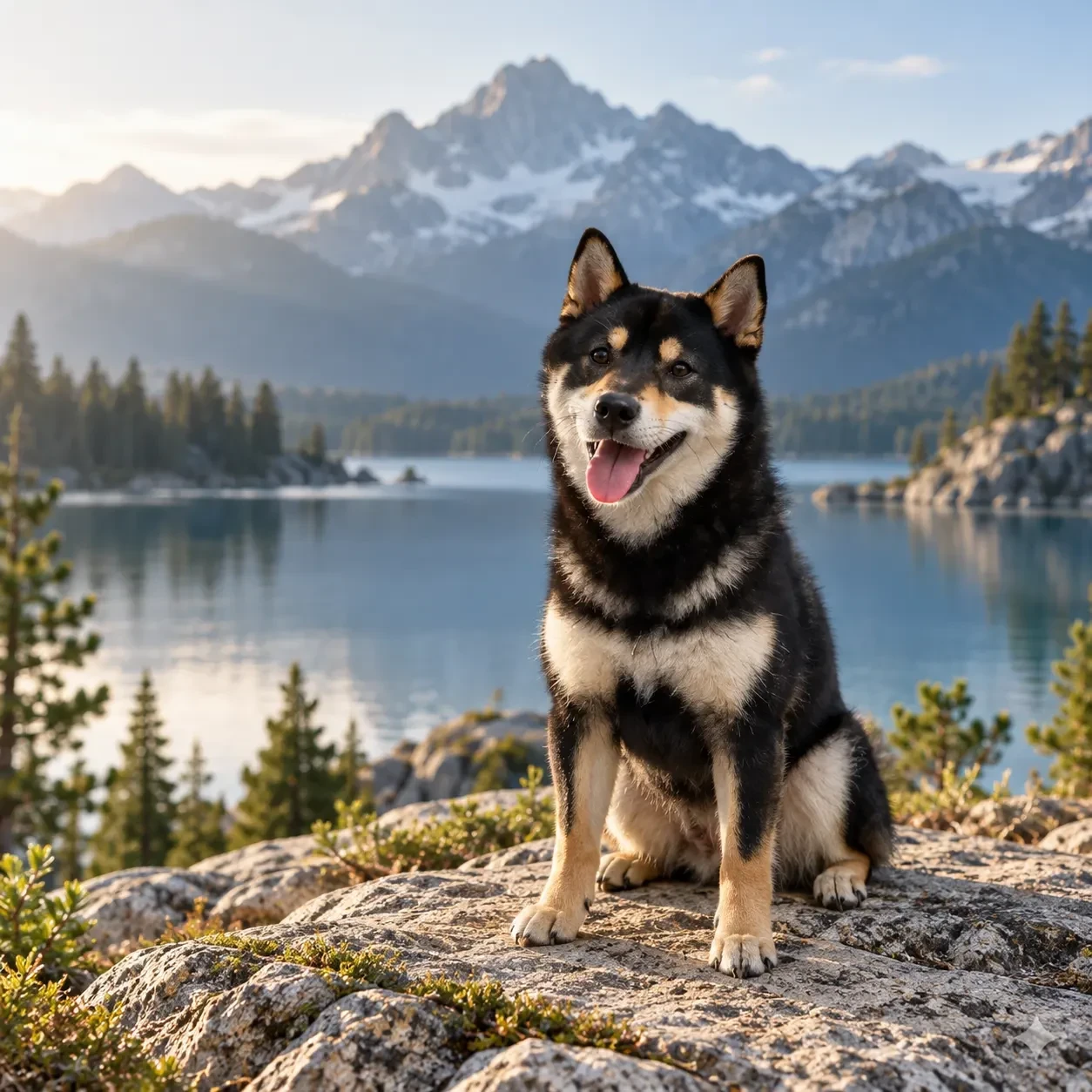 Black Shiba Inu companion sitting on a rock in front of the lake and snow-capped mountains