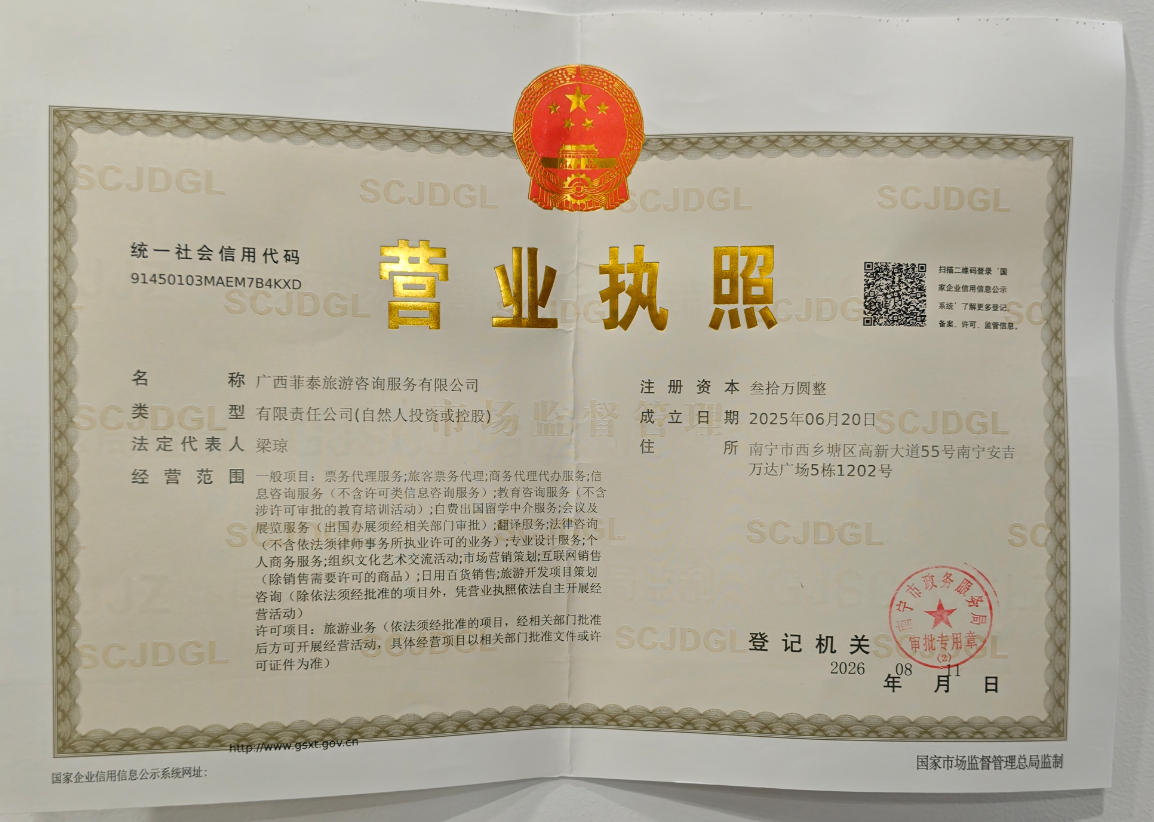 菲泰旅游营业执照证书