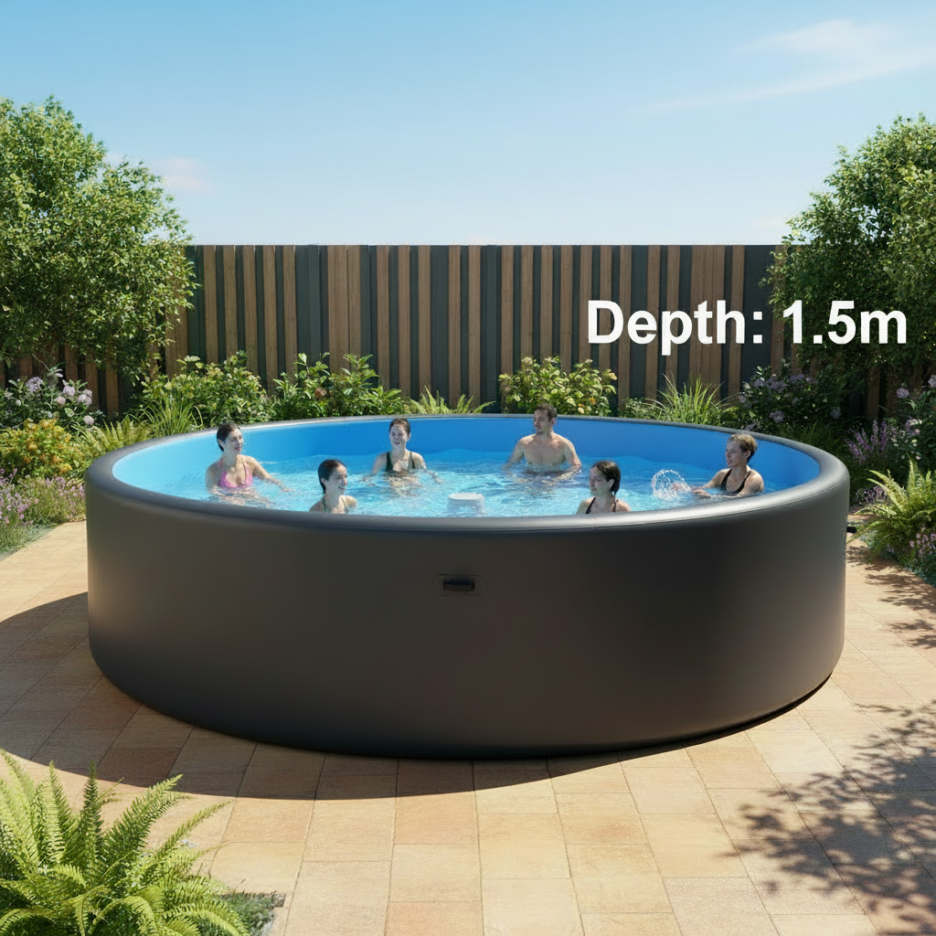 Round pool with family in backyard