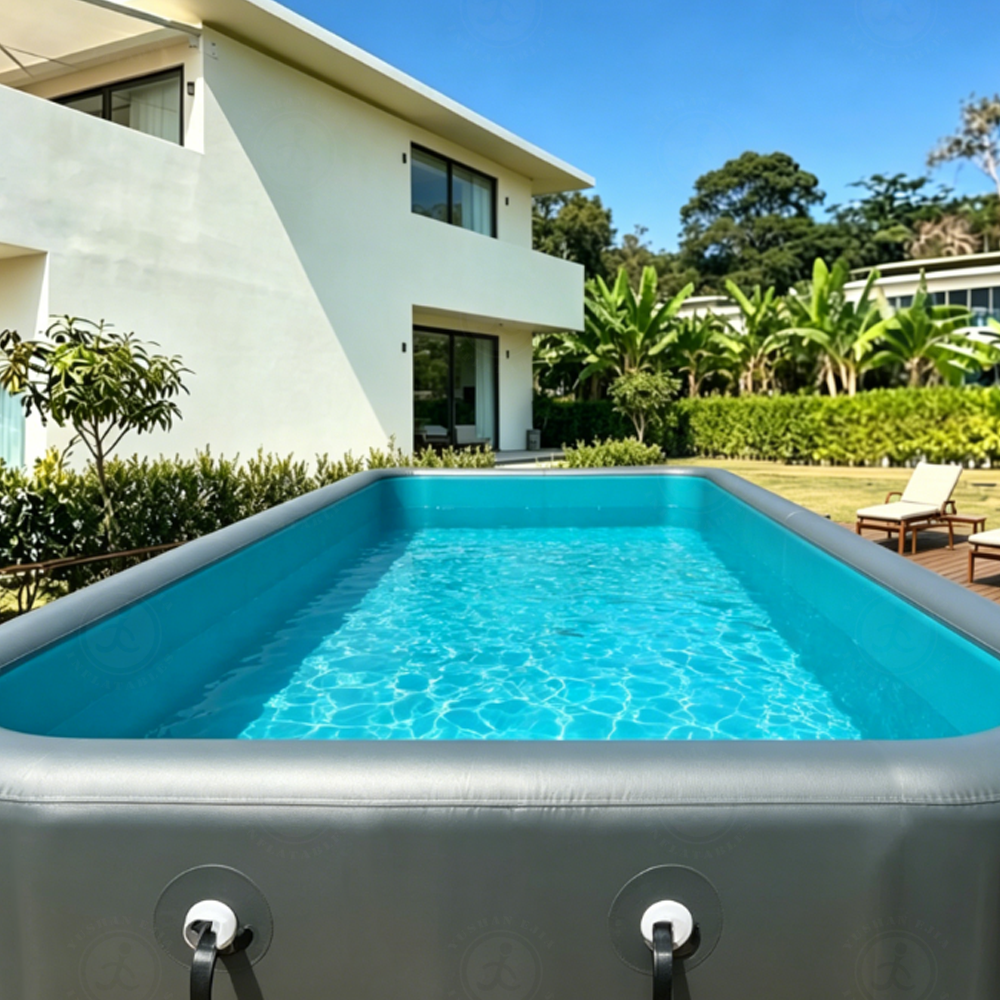 Rectangular pool in modern backyard