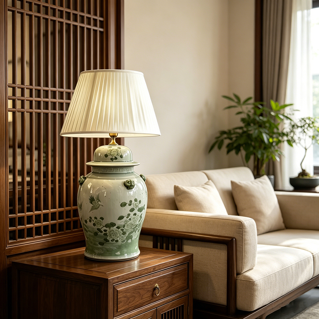 Oriental Living Room Lamp Celadon Beast Ear Ginger Jar Light with Pleated Shade for Sofa Side