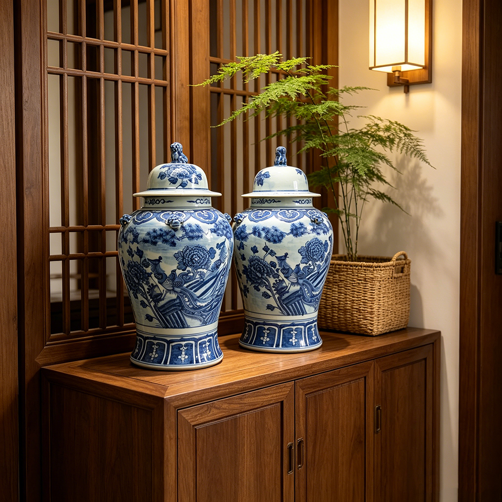 Rustic Zen Twin Blue Peony Bird Ginger Jars, Hand-painted Lidded Ceramic Vases for Asian Style Corri