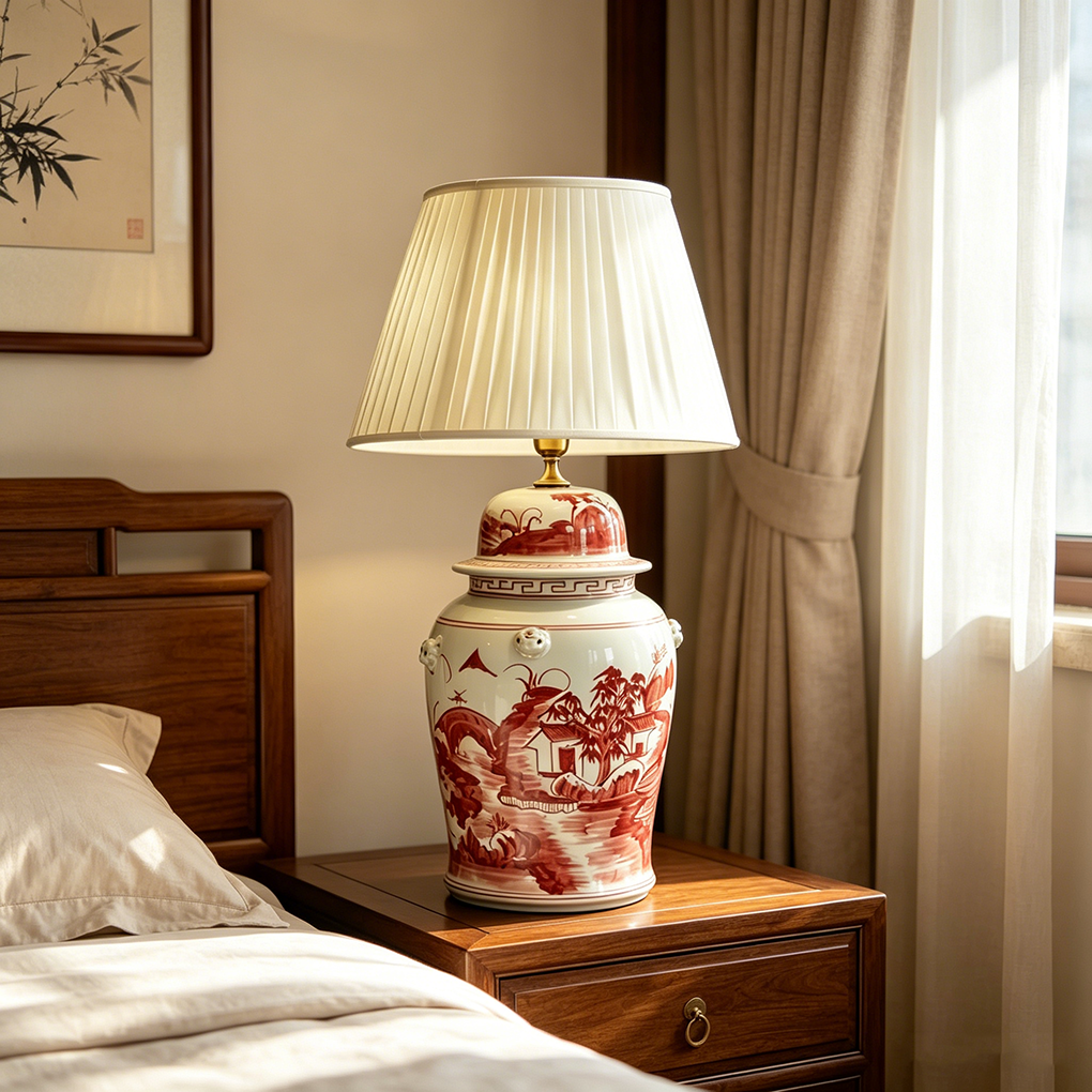 Vintage Oriental Red Village Scenery Porcelain Lamp Classic Chinoiserie Bedside Table Light for Home