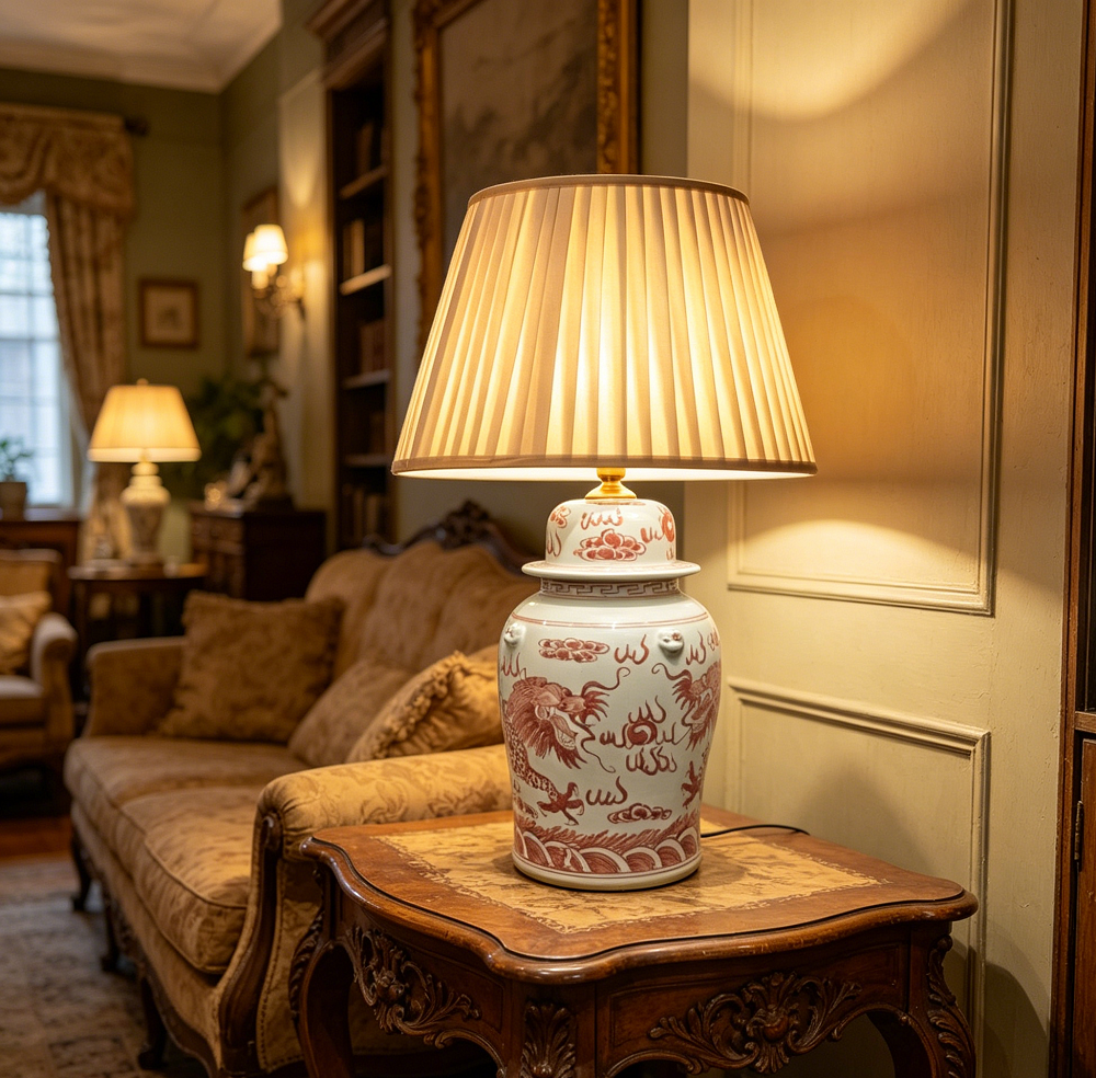red and white ceramic ginger jar lamp