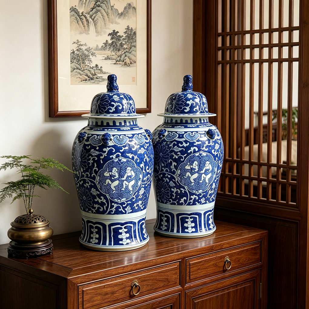 Modern Traditional Blue White Figure General Jar Set, Symmetric Pair Decorative Porcelain Ginger Jar