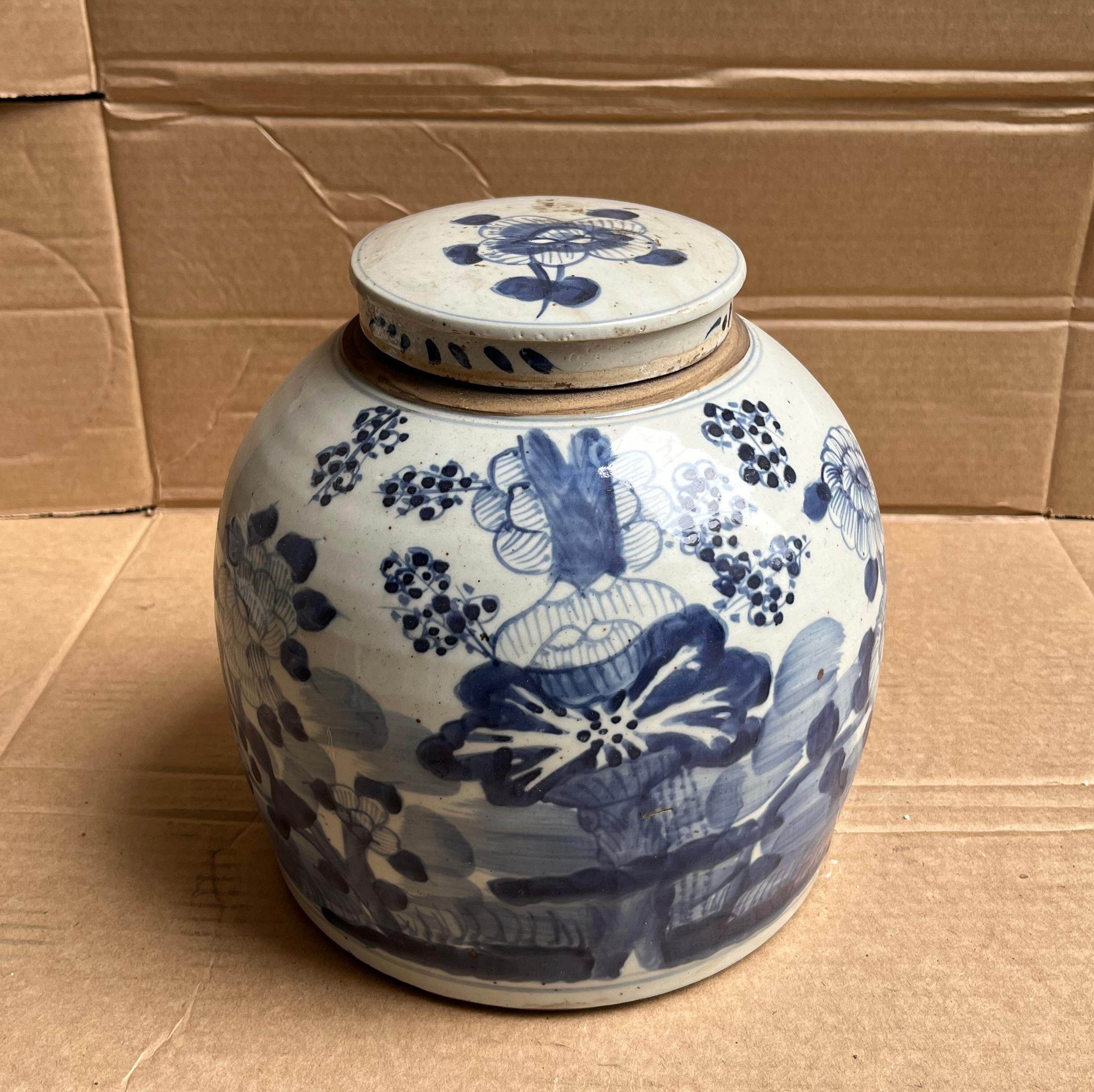 Vintage Hand-painted Blue and White Floral Porcelain Storage Jar, Antique Chinese Ceramic Canister w