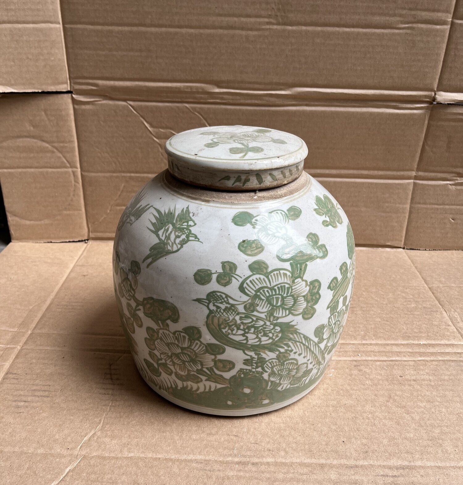 Vintage Underglaze Green Bird & Floral Porcelain Storage Jar with Lid