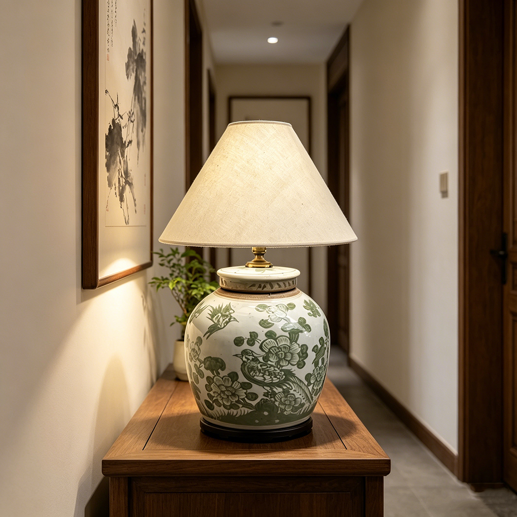Retro Green Botanical Pattern Porcelain Table Lamp, Oriental Ginger Jar Light for Entryway Furniture
