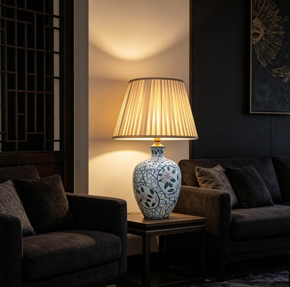 Blue & White Crackle Floral Porcelain Table Lamp, New Chinese Vintage Decorative Bedside Lamp
