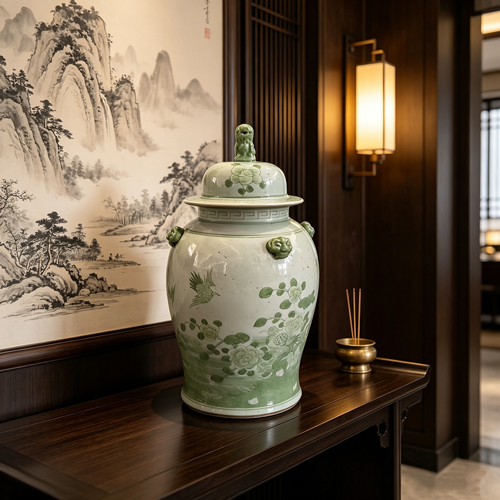 Rustic Zen Style Green Lotus Bird Porcelain General Jar Traditional Lidded Vase for Oriental Interio