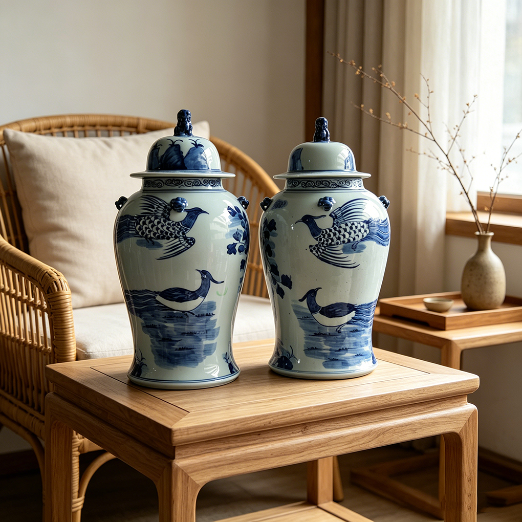 Blue White Mandarin Duck General Jars Handpainted Chinese Porcelain Ginger Jars with Lion Lid for Ho