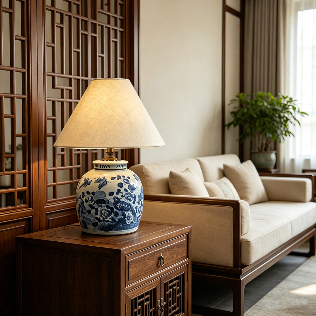 Hand-Painted Blue White Bird Floral Porcelain Table Lamp, Chinoiserie Ginger Jar Bedside Lamp