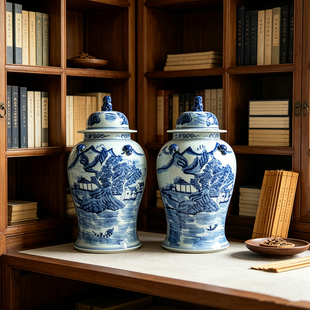 Modern Chinoiserie Blue Scenic Porcelain Jar Pair, Lion Finial Storage Urns for Bookshelf Tabletop