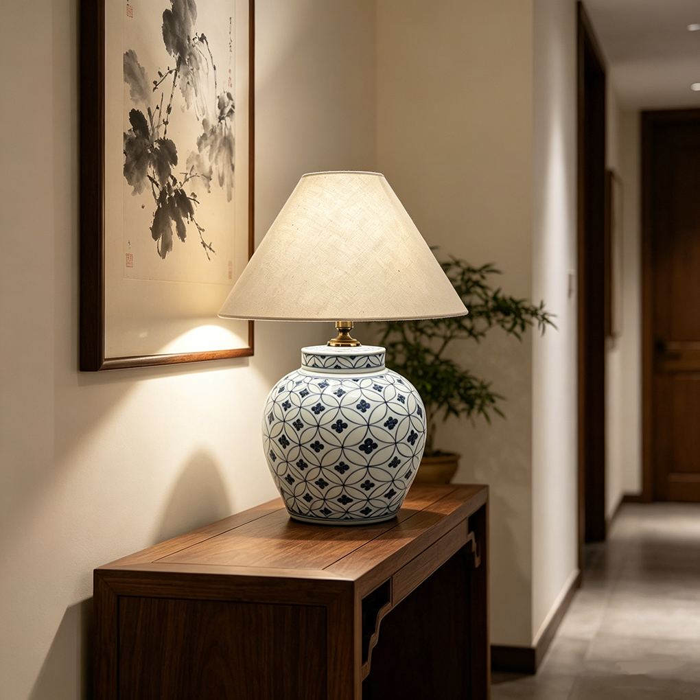Asian Style Blue White Porcelain Table Lamp Antique Chinese Ceramic Accent Light for Entryway Table