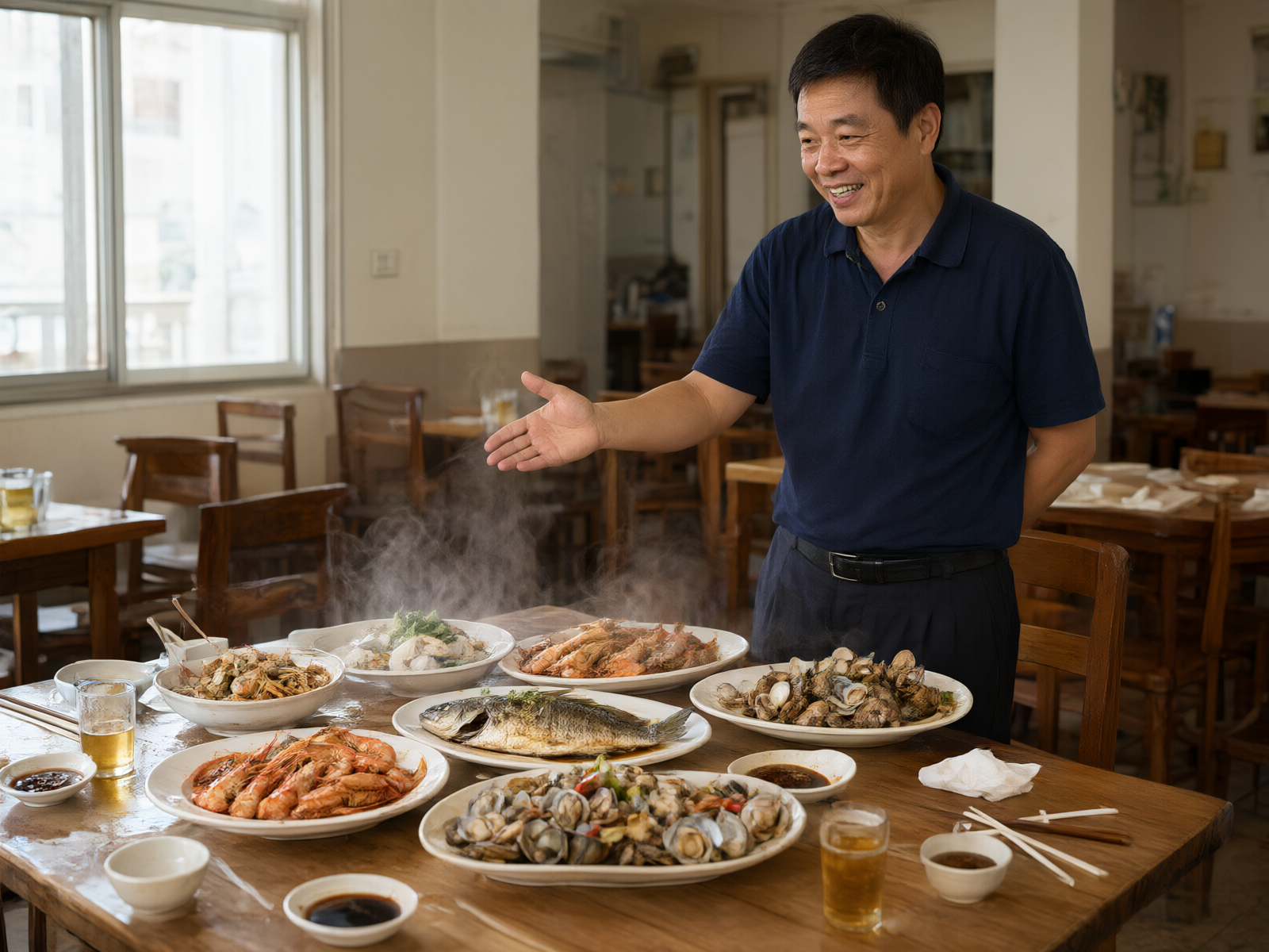 汕尾海鲜排档，满桌热气腾腾的海鲜菜肴，店主站在旁边自豪地展示