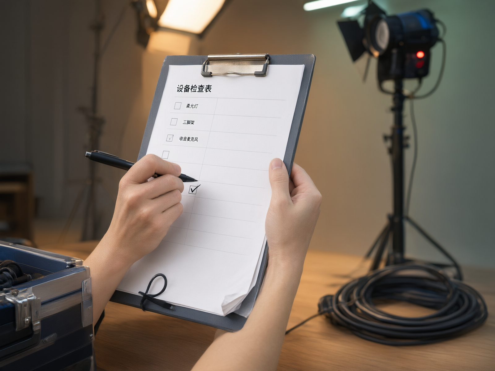 一只手拿着剪贴板上的设备检查表,另一只手持笔在勾选项目