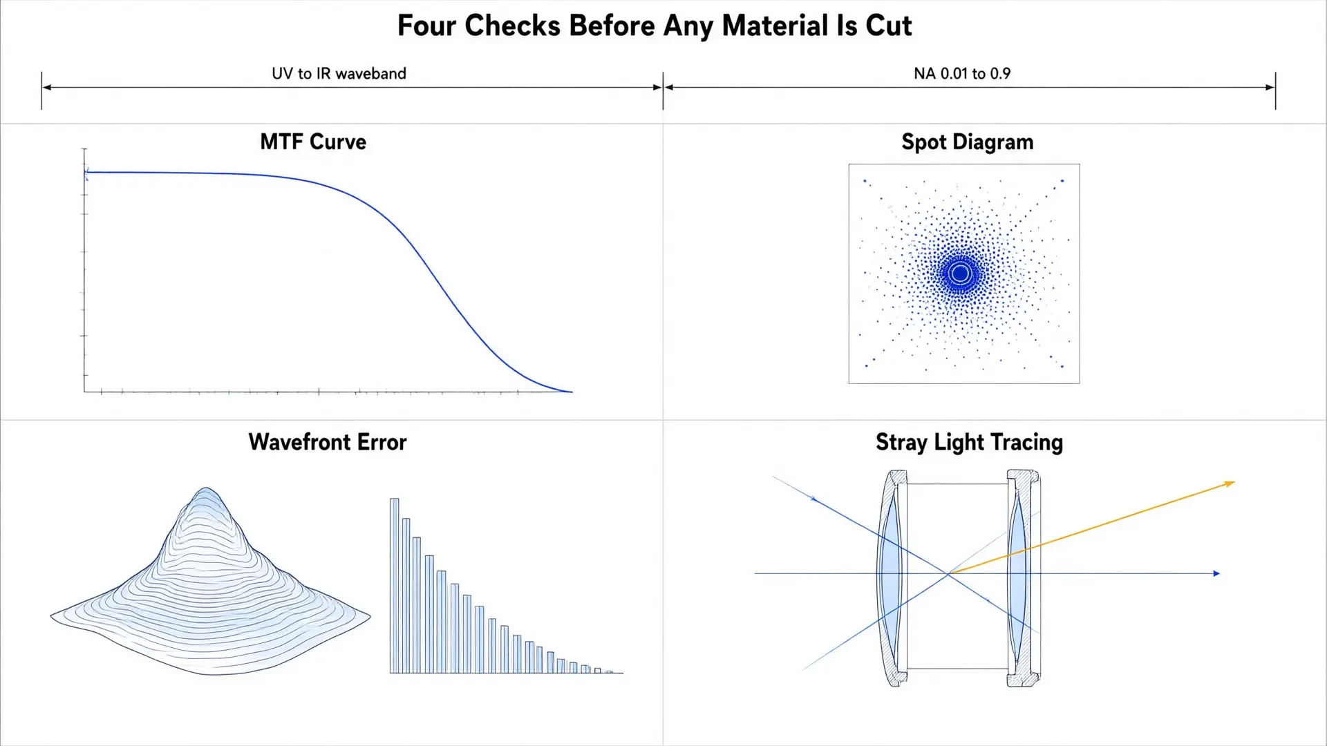 Four simulation checks: MTF, spot diagram, wavefront error and stray light tracing