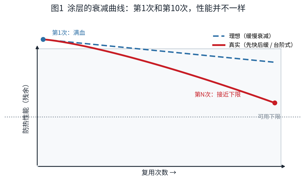 Coating degradation curve: 1 full-charge cycles, Nth cycle near minimum usable threshold