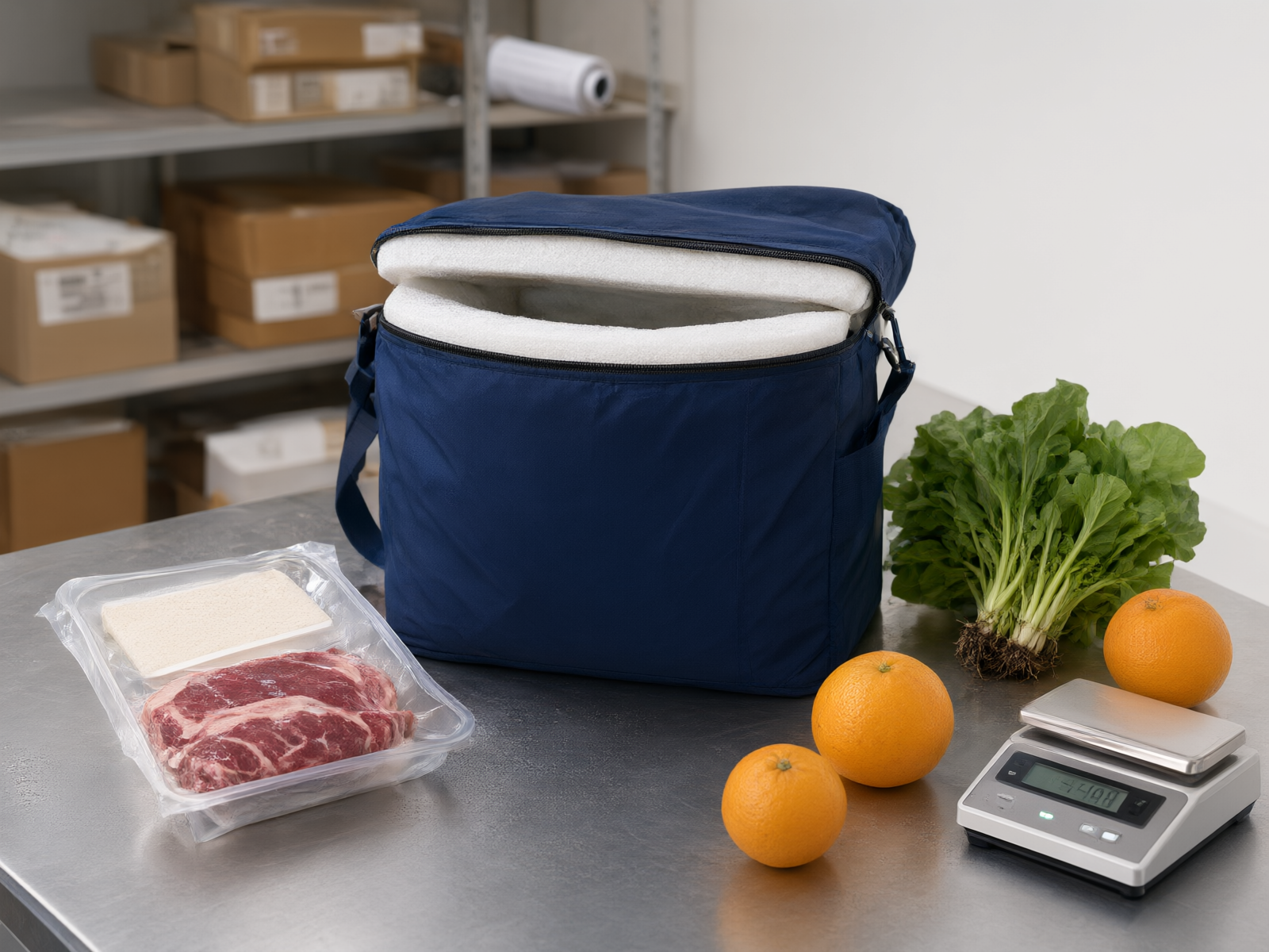 Cooler bag surrounded by fresh produce, demonstrating multi-zone management in multi-category delivery