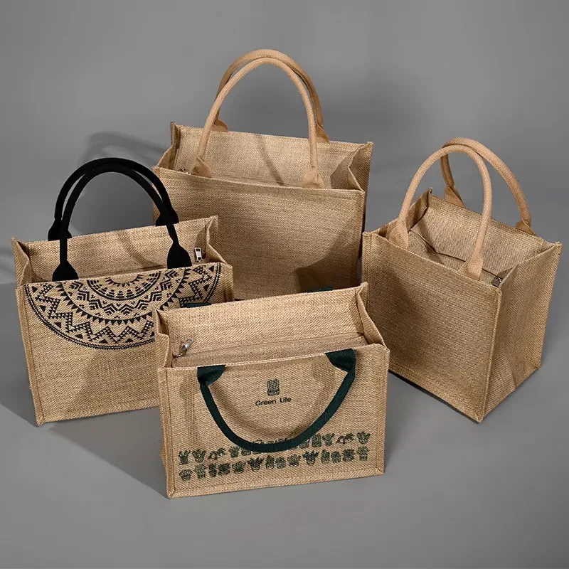 Large Jute Beach Tote Bag with Zipper Closure view 2