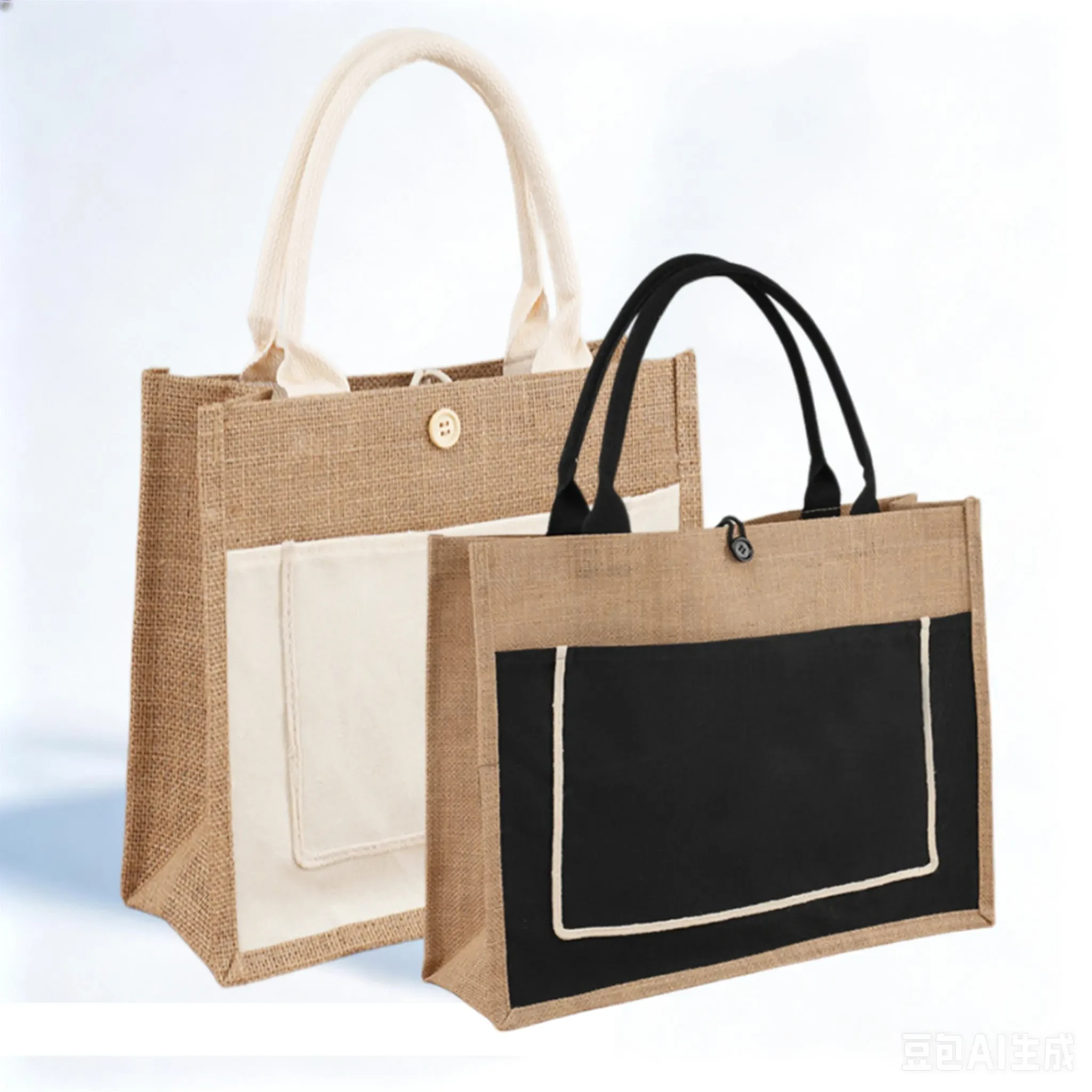 Jute Tote Bag with Front Cotton Canvas Pocket