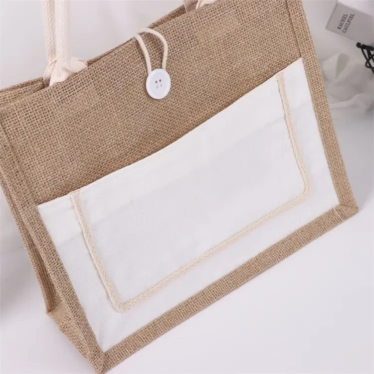 Jute Tote Bag with Front Cotton Canvas Pocket view 2