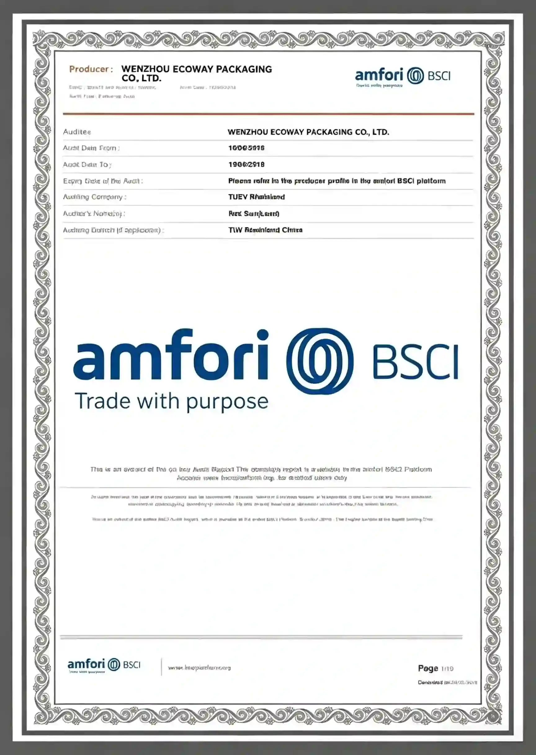BSCI Certification Certificate