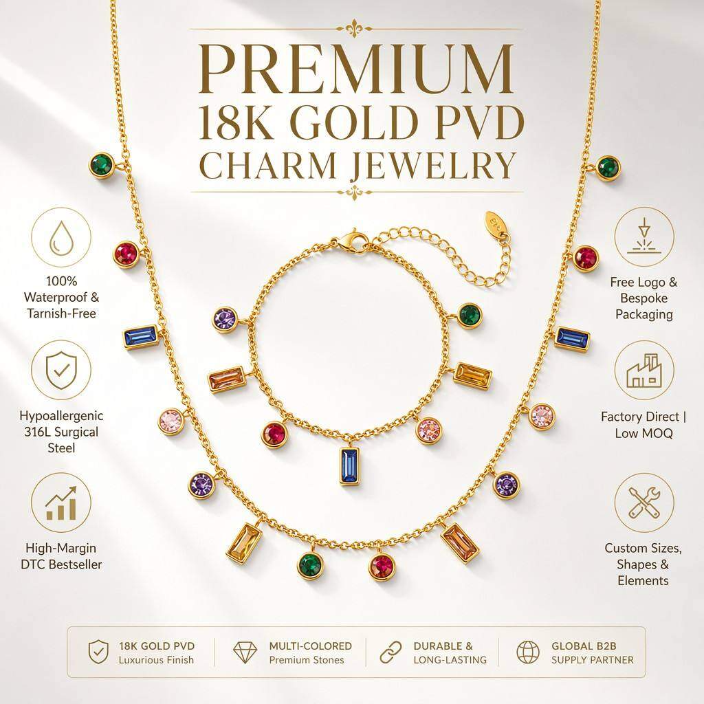 Vibrant 18K Gold PVD Plated Multi-Color Charm Jewelry Set | Waterproof 316L Stainless Steel Necklace & Bracelet