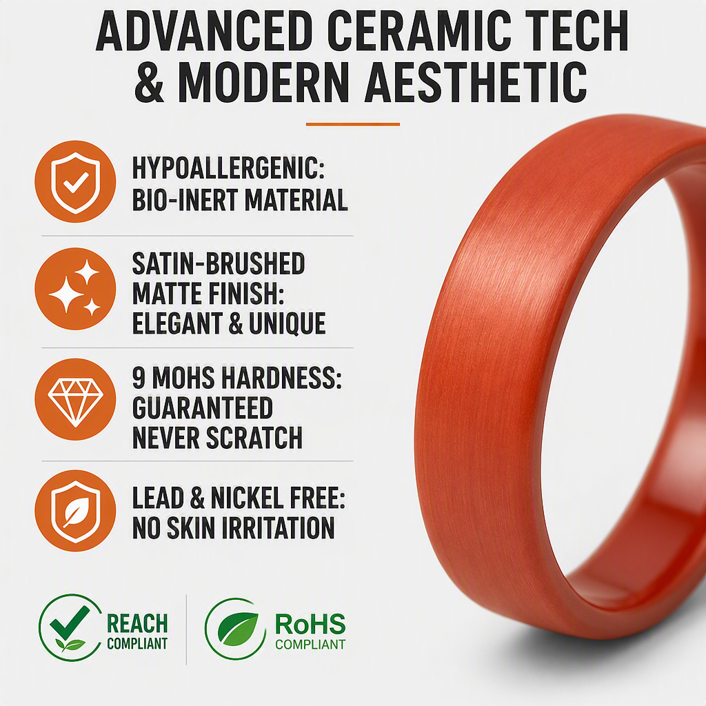 6mm Brushed Orange Ceramic Ring Matte Finish Hypoallergenic Fashion Jewelry Streetwear Factory Stock