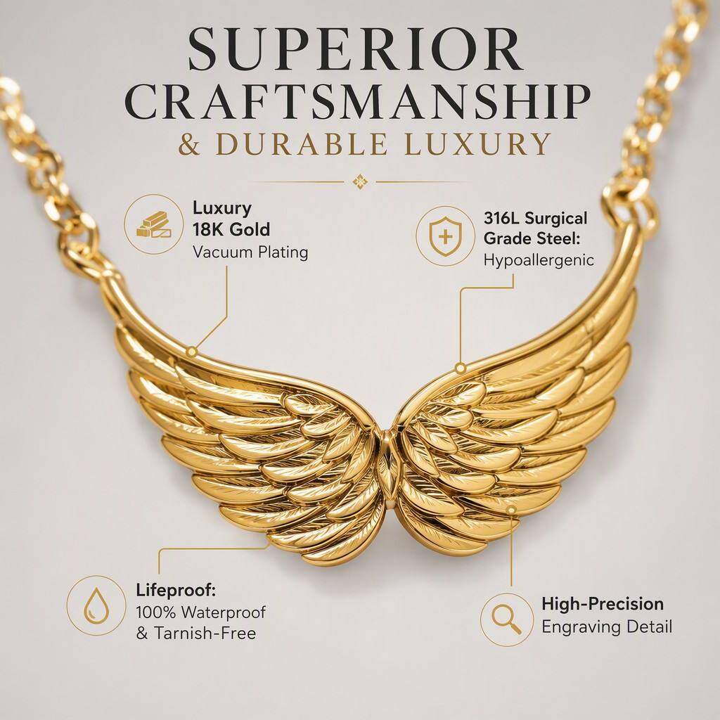 The Guardian Series: 18K Gold PVD Angel Wings Necklace | 316L Surgical Steel Tarnish-Free Jewelry for Sentimental Gifting