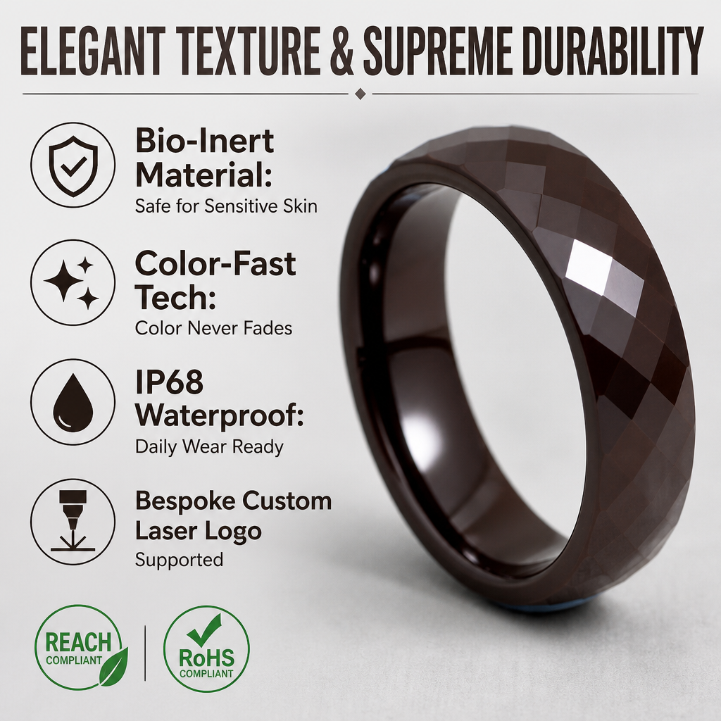 Matching Duo 6mm Multi Faceted Ceramic Ring Unisex Promise Band Hypoallergenic Jewelry