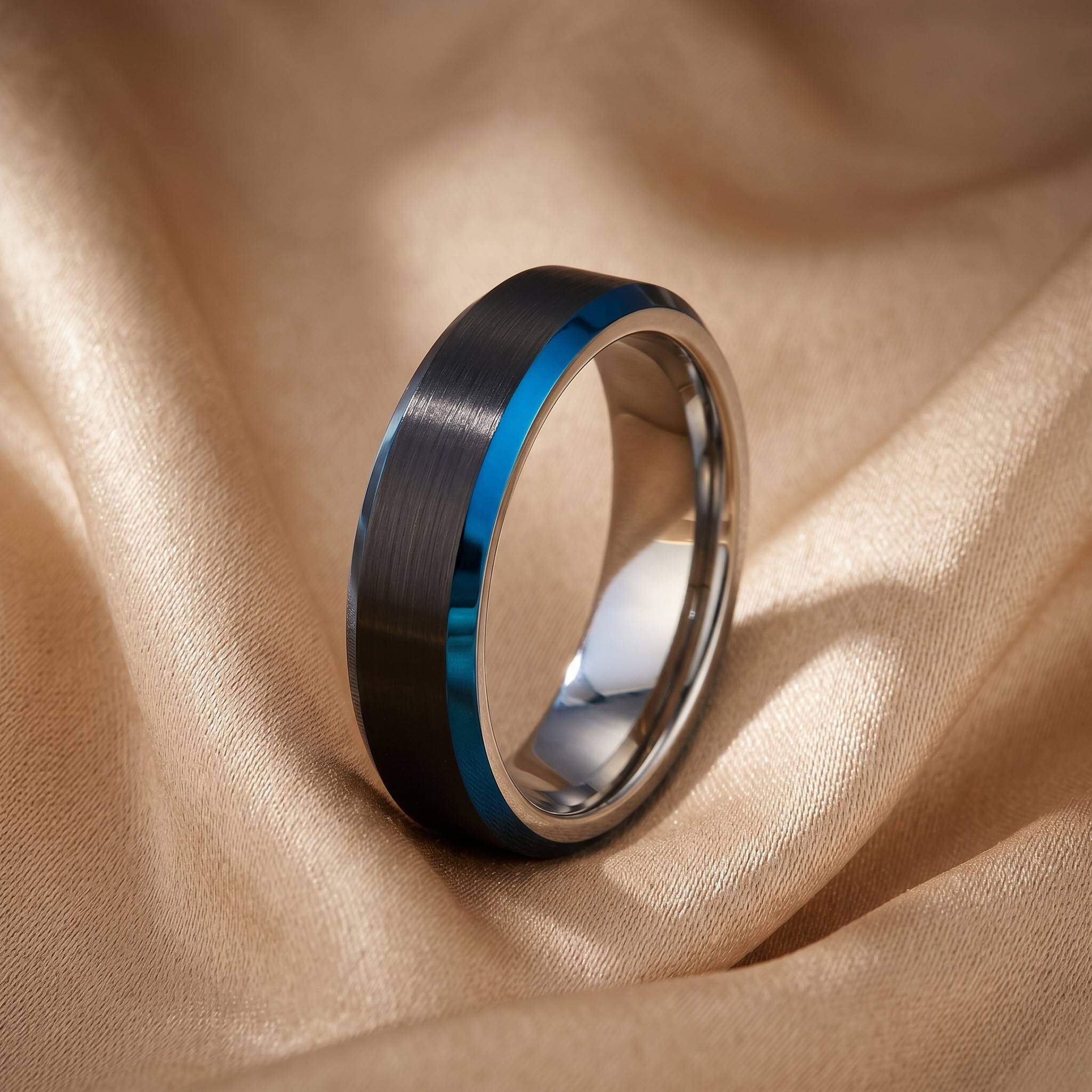 Black Blue Two-Tone Plated Stainless Steel Ring | 6/8mm Classic Fashion Couple Band Custom Engravable Daily Commute Jewelry