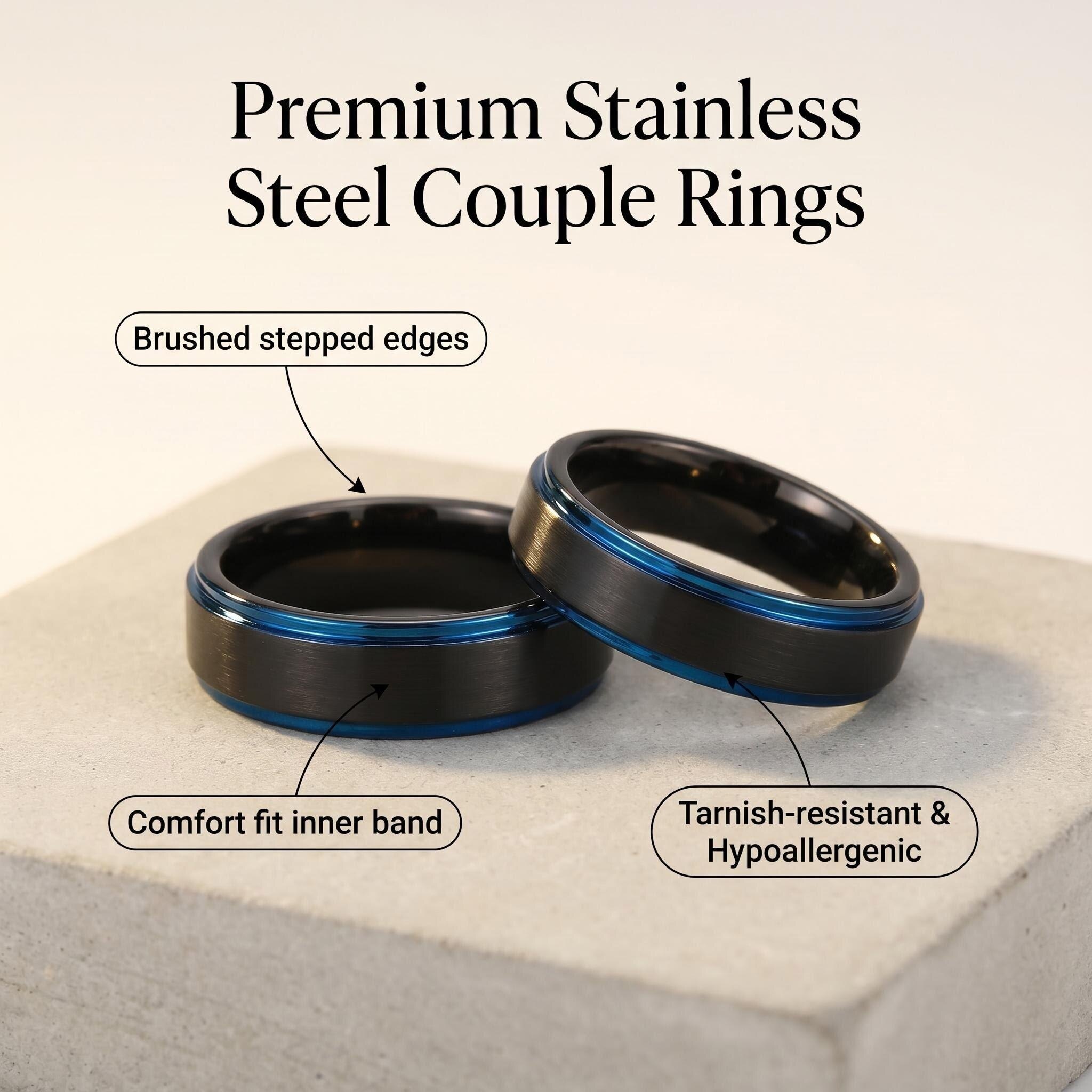 Matte Brushed Stainless Steel Two-Tone Ring | Black & Blue Finish Dog Opal Inlay Band, Custom Sizes For Daily Fashion & Couple Matching