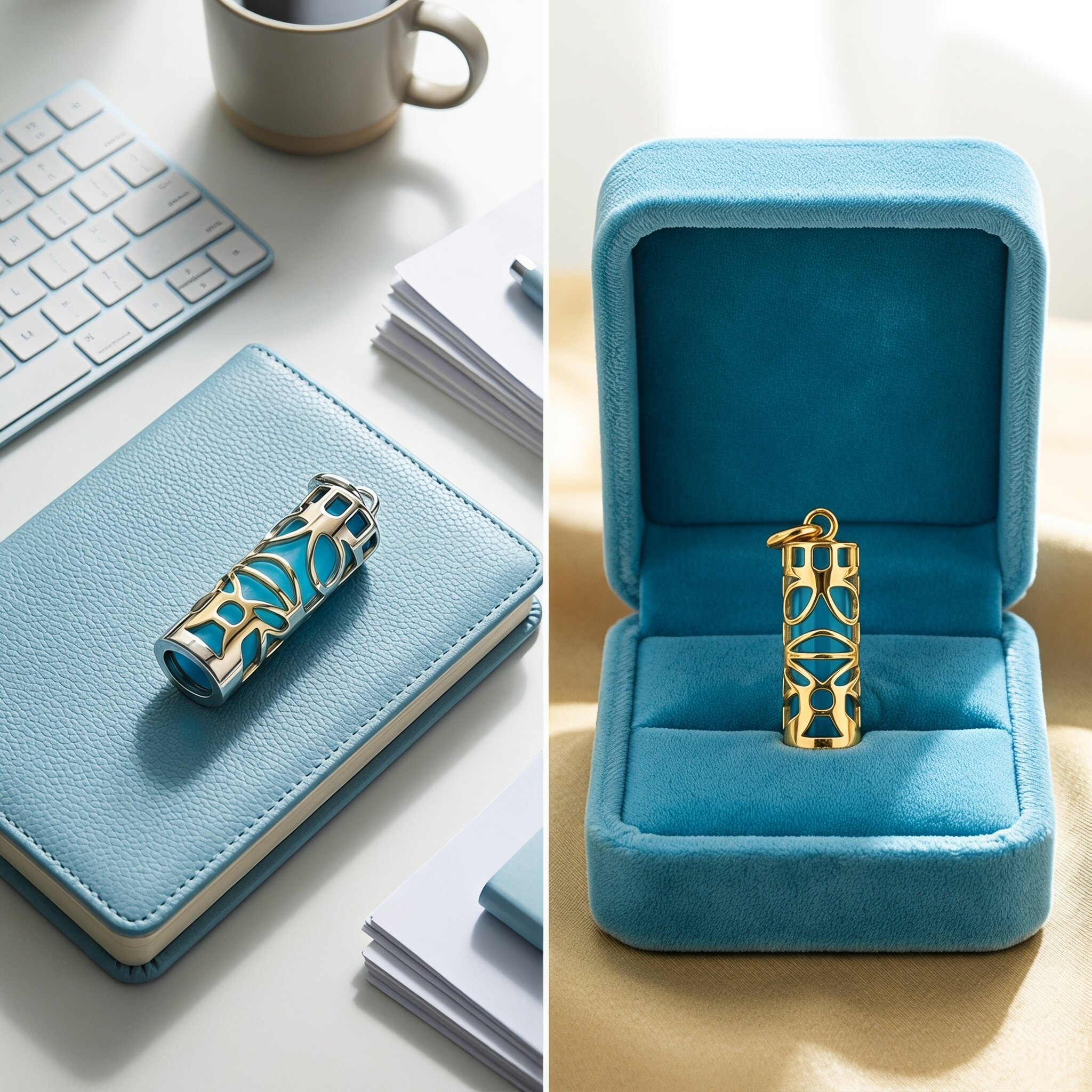 18K Gold Plated Hollow Stainless Steel Pendant | 32×8mm Shatterproof Lake Blue Diamond Glass Custom Engravable Necklace Charm
