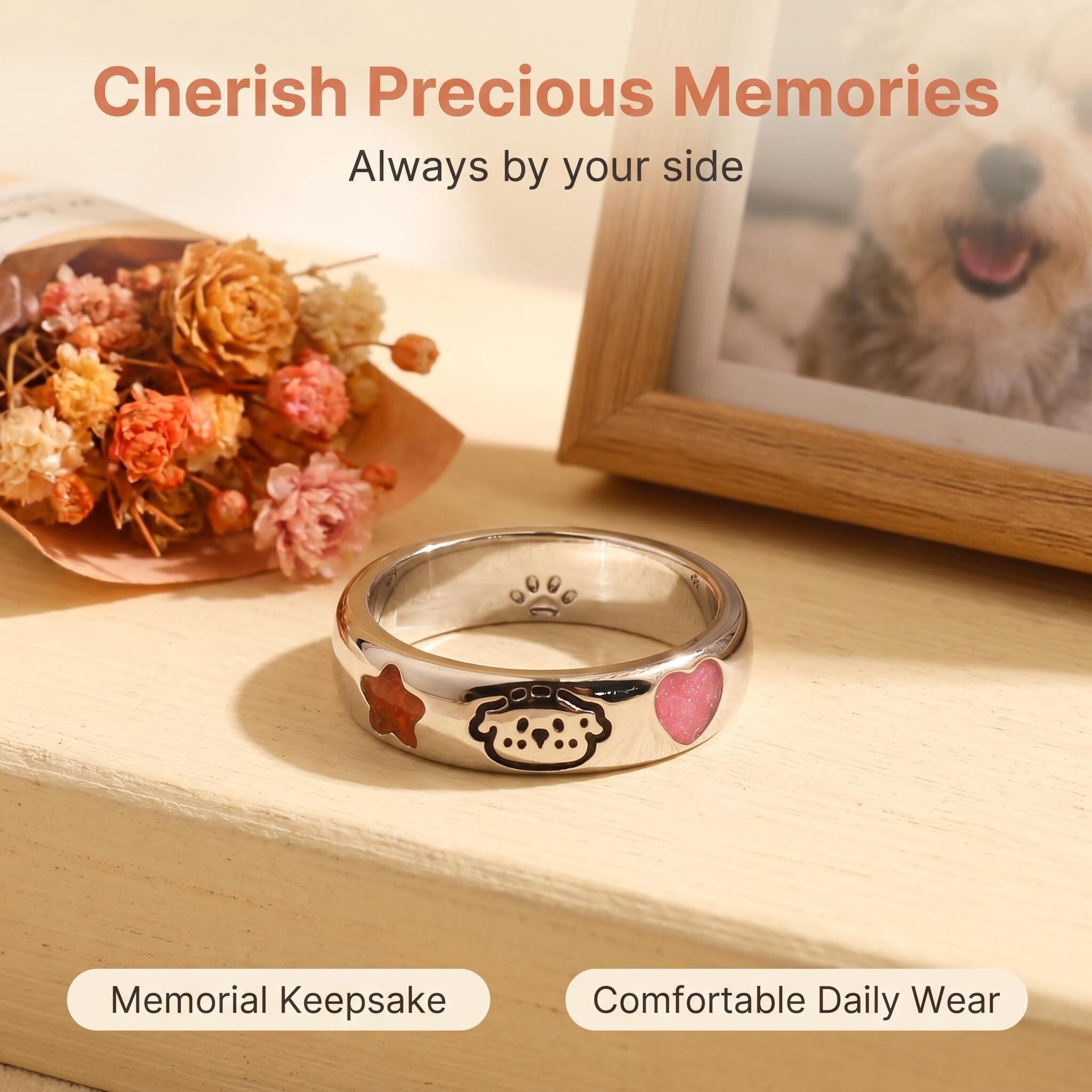 Cute Dog Pattern Brass Opal Cremation Ring | 6mm Band Color Opal Ash Holder Pet & Human Remembrance Memorial Jewelry