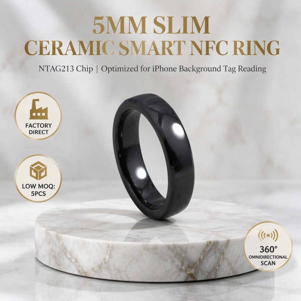 Professional 5mm Black Ceramic NFC Smart Ring | Tap-to-Share Digital Business Card & Social Media Link (NTAG213)