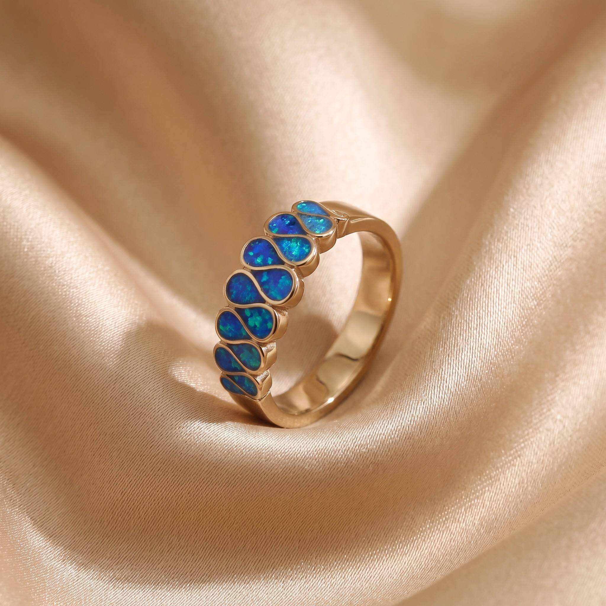 6mm Taper Band Brass Opal Cremation Ring | Blue Gradient Ocean Wave Ash Holder Jewelry, Pet Remembrance & Beach Travel Keepsake