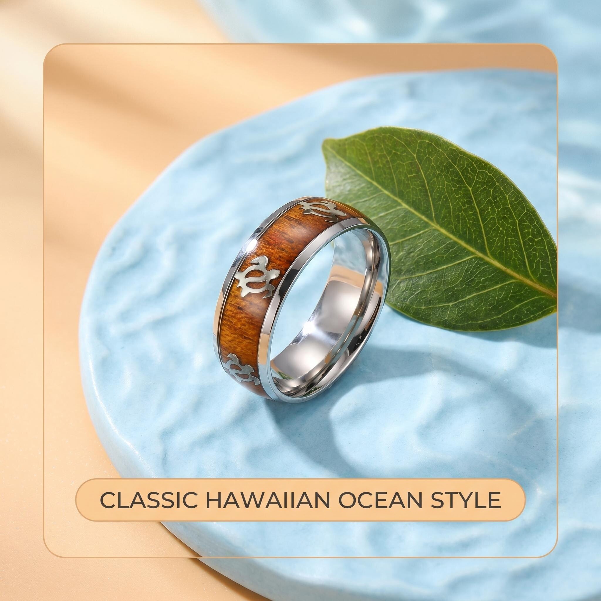 Hawaiian Ocean Turtle Koa Wood Stainless Steel Ring | 8mm 2.1mm Domed Comfort Fit Band, Natural & Gold Plated Customizable Jewelry