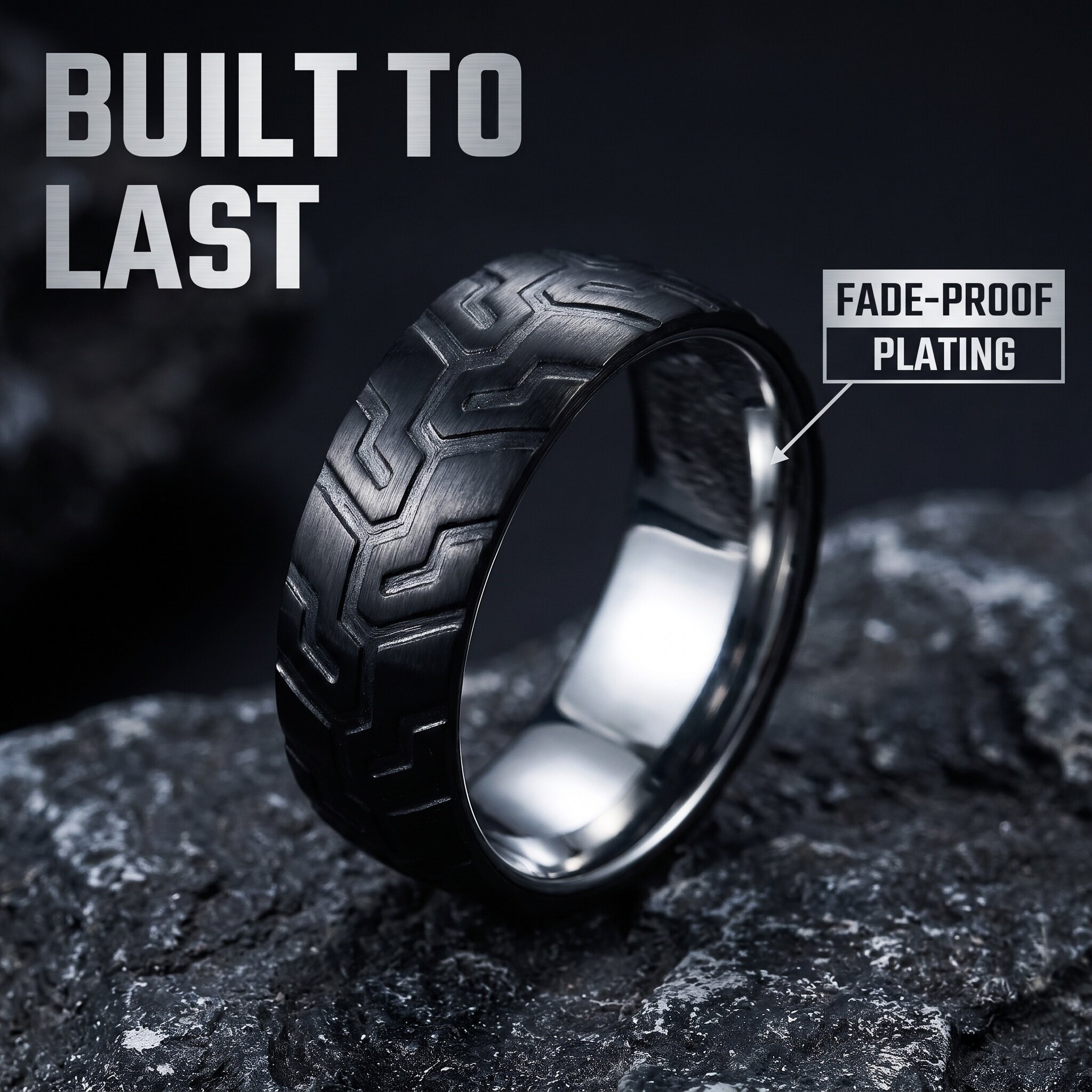 Two Tone Black Tire Tread Tungsten Stainless Steel Ring | 8mm 2.4mm Biker Motorcycle Wedding Band Custom Engravable Jewelry