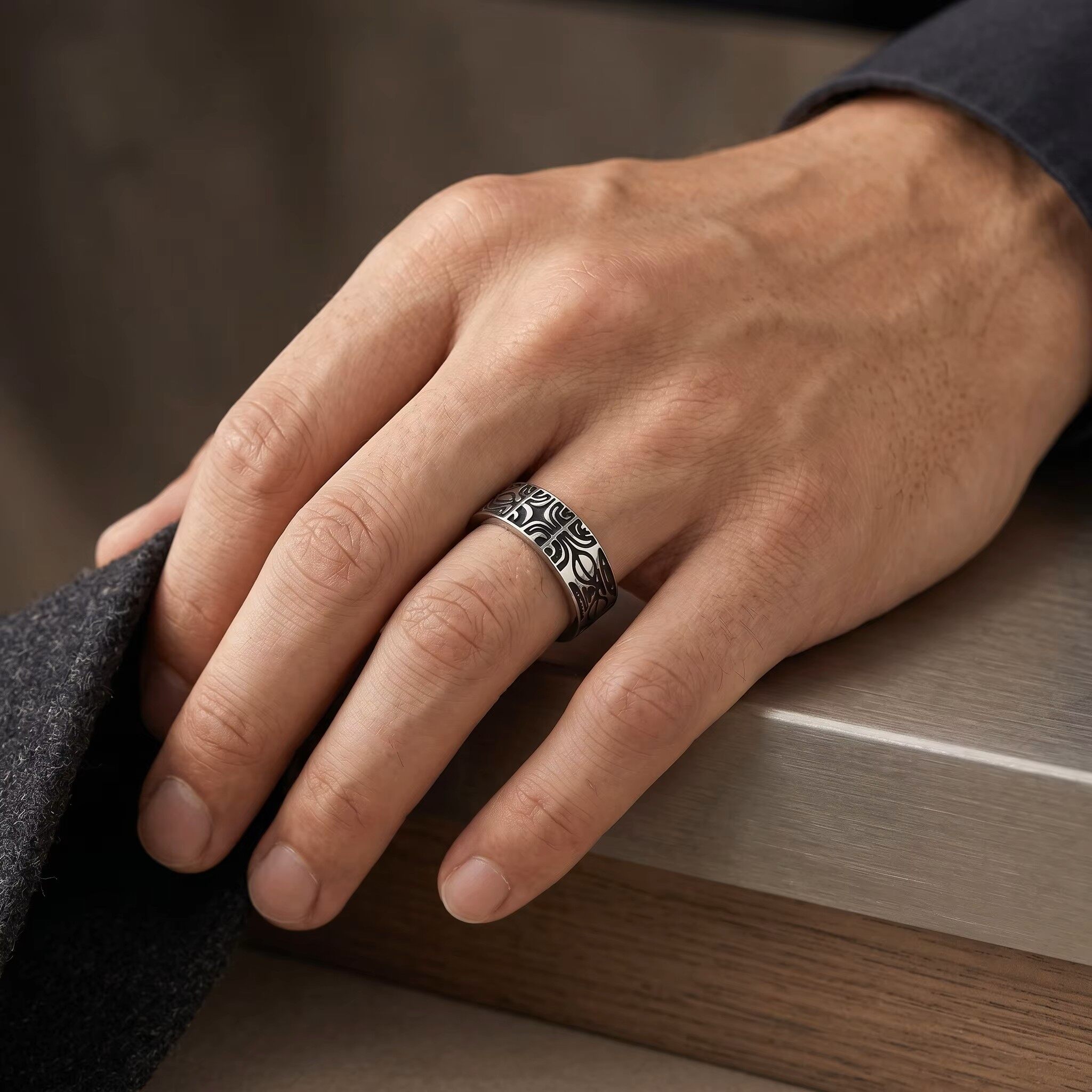 Full 18K Gold Plated Stainless Steel Totem Ring | 6mm 1.5mm Flat Wide Band Black Engraved Pattern Custom Engravable Jewelry