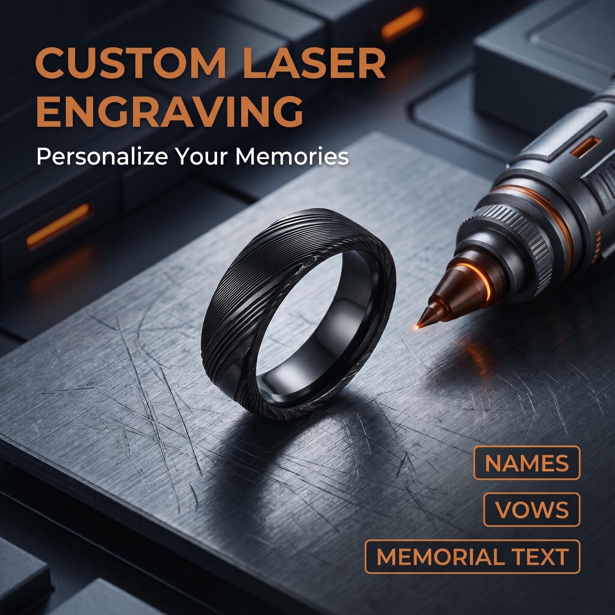 Full Black Matte Damascus Steel Ring | 7mm 2.3mm Flat Brushed Comfort Fit Damascus Wedding Band Custom Engravable Jewelry