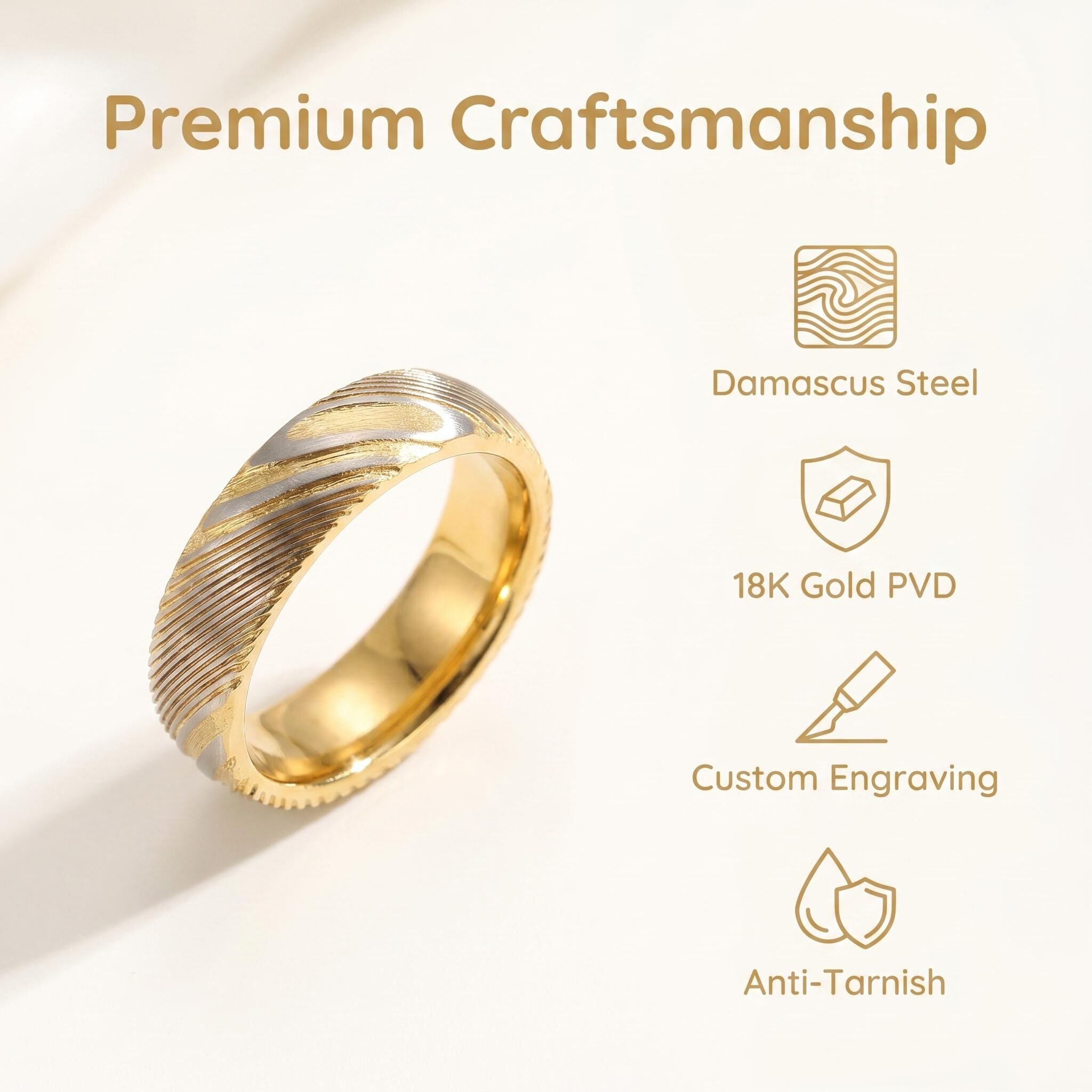 Two Tone 18K Gold PVD Damascus Steel Ring | 6mm 2.3mm Matte Finish Damascus Wedding Band Custom Engravable Jewelry