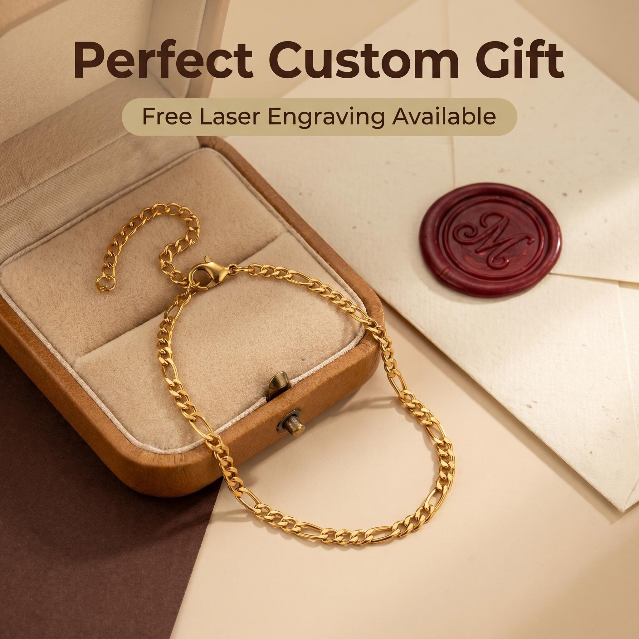 Dainty 18K Gold Plated Stainless Steel Stackable Bracelet | Tarnish-Free & Waterproof Basic Chain with Free Custom Engraving