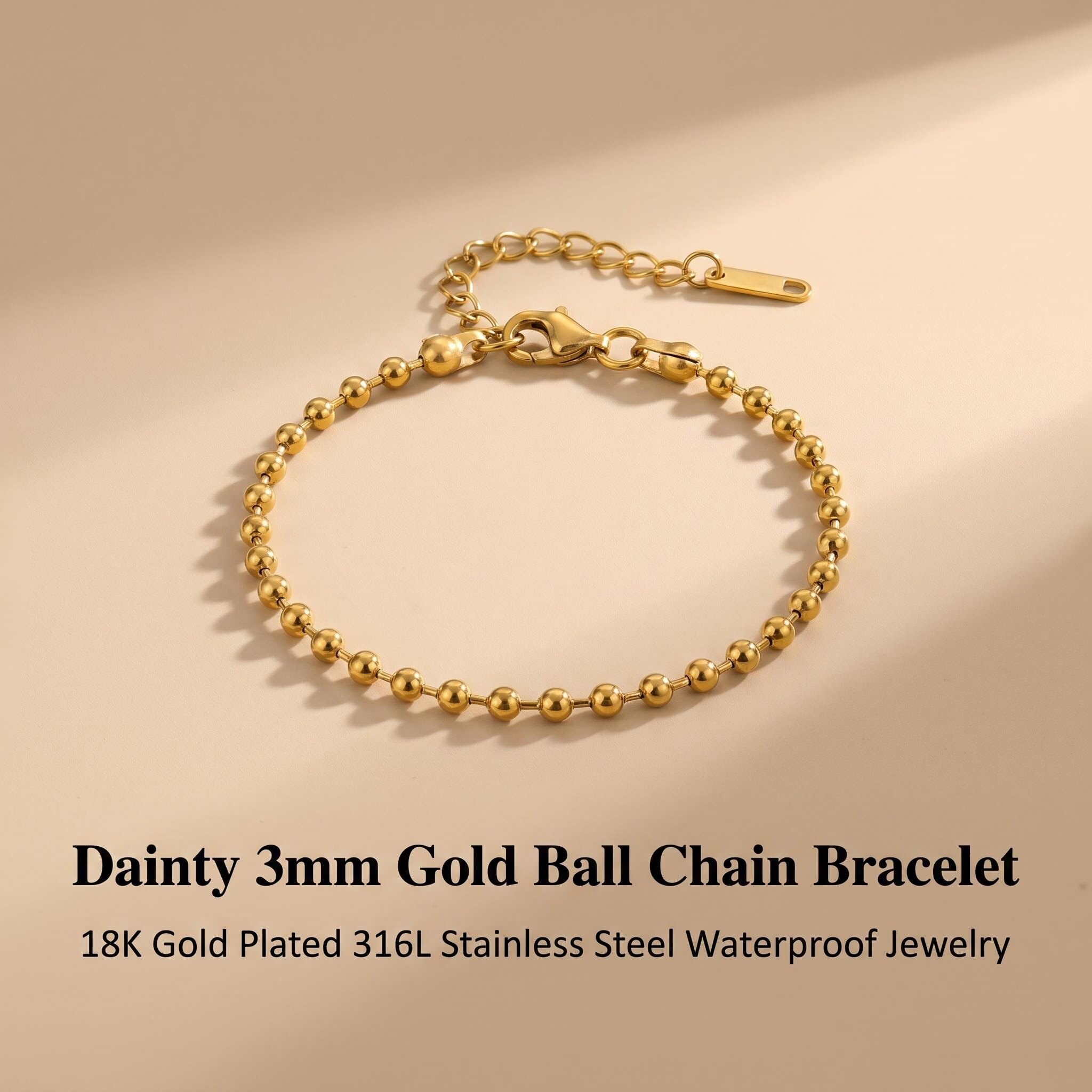 No Fading Dainty 3mm Ball Chain Bracelet | 18K Gold Plated 316L Stainless Steel Waterproof Jewelry with Free Custom Engraving