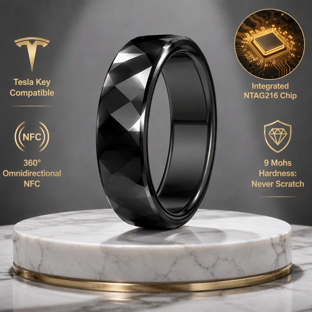 The Faceted Series: Indestructible Tesla Key Smart Ring | 9 Mohs Zirconia Ceramic NFC Ring Tech Band