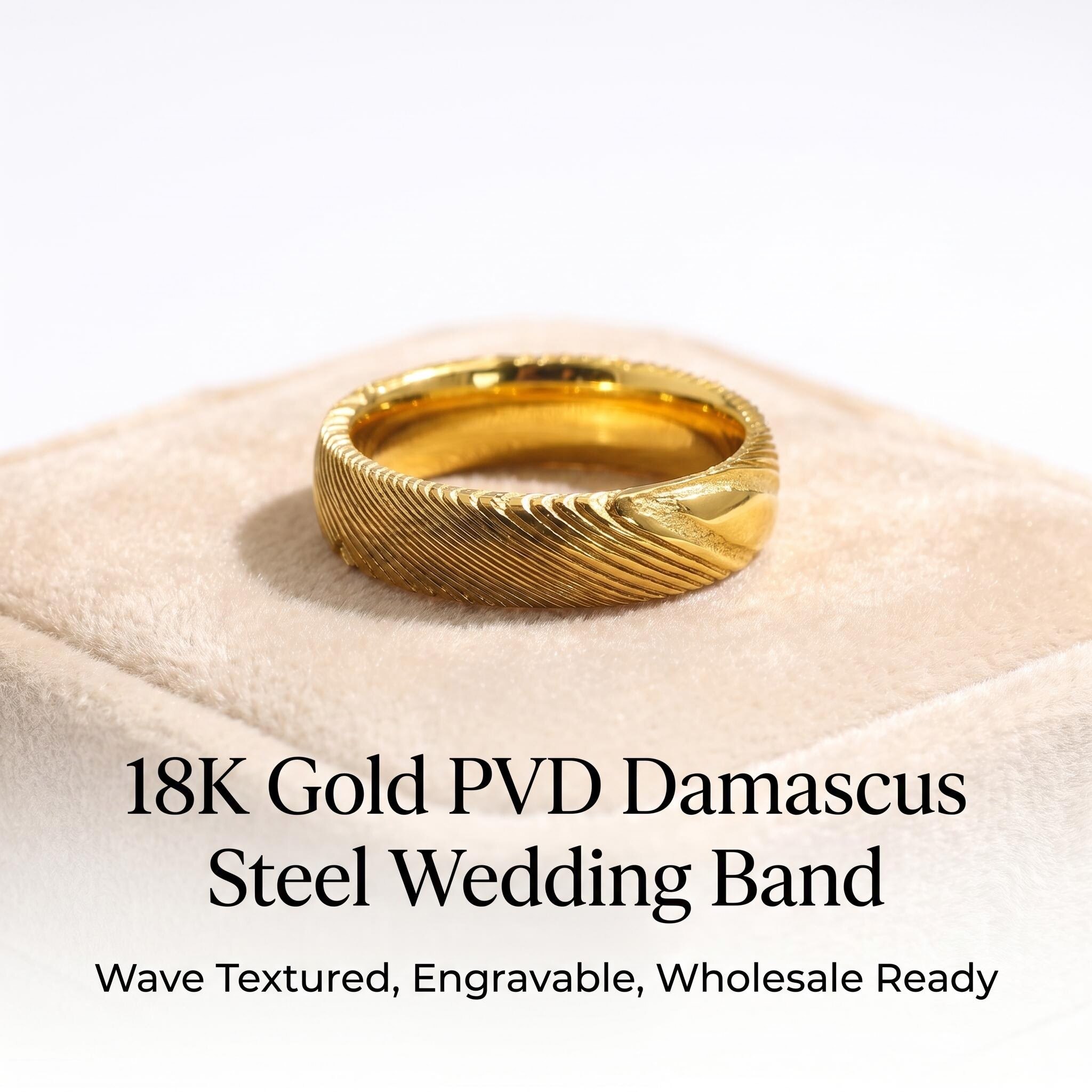 Full 18K Gold PVD Damascus Steel Ring | 6mm 2.3mm Wave Textured Damascus Wedding Band Custom Engravable Jewelry