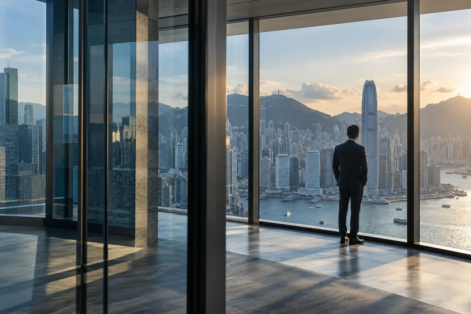 Hong Kong Victoria Harbour skyline, with a business professional overlooking the harbour from a glass-walled office